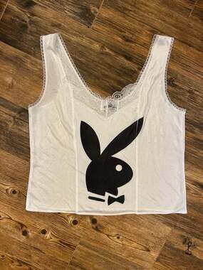 Vintage Metropolitan x Playboy White Lace Trim Satin Cami Tank Top